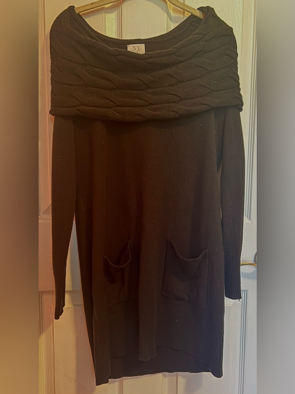 New York & Company Black Off-the-Shoulder Sweater with Front Pockets